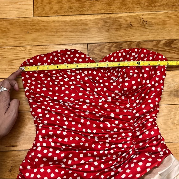Vintage Mignon Red w White Polka Dot Strapless Mini Dress Ruffles Flower Size S - Picture 2 of 9
